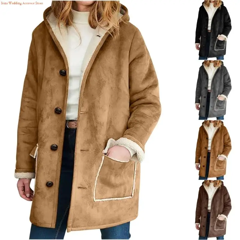 G92D معطف مبطن للنساء شتوي بأزرار سفلية وأكمام طويلة وسترات بغطاء للرأس مع جيب #2