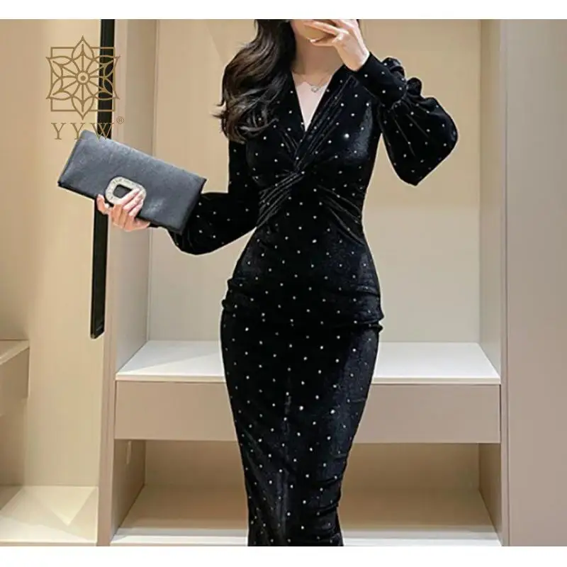 Elegant Polka Dots Women Dress Ladies Banquet Prom Full Sleeve Mermaid Dress V Neck Evening Female Maxi Ball Gown Cocktail Dress