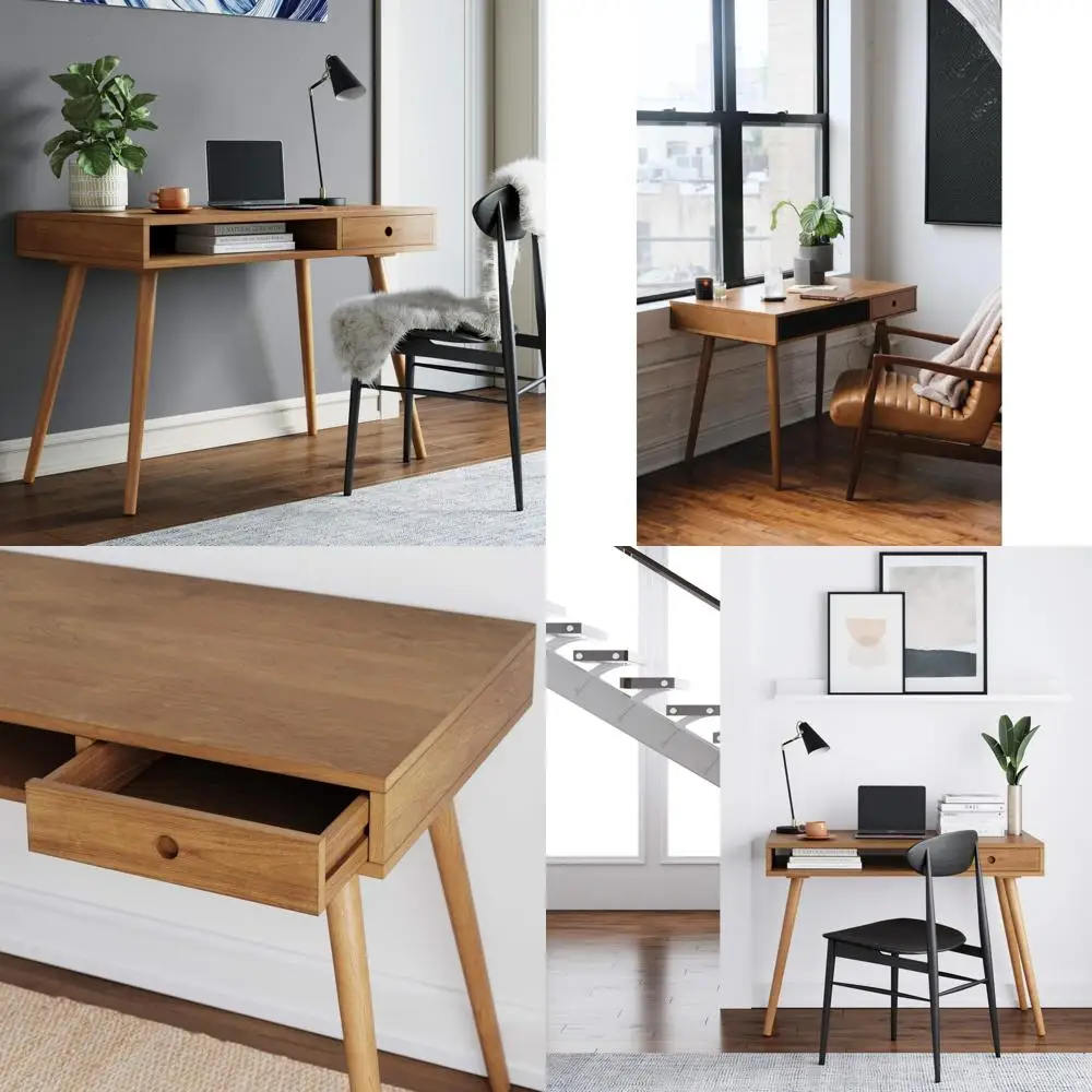 

Walnut Modern Home Office Desk with Storage Cubby and Drawer for Writing, Computer, or Laptop Use