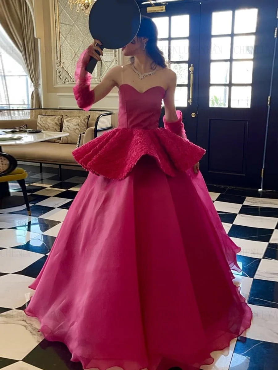 Sweetheart Long Formal Occasion Dresses 2023 Sleeveless Hot Pink Ball Gowns Zipper Organza Evening Party Gowns فساتين الحفلات