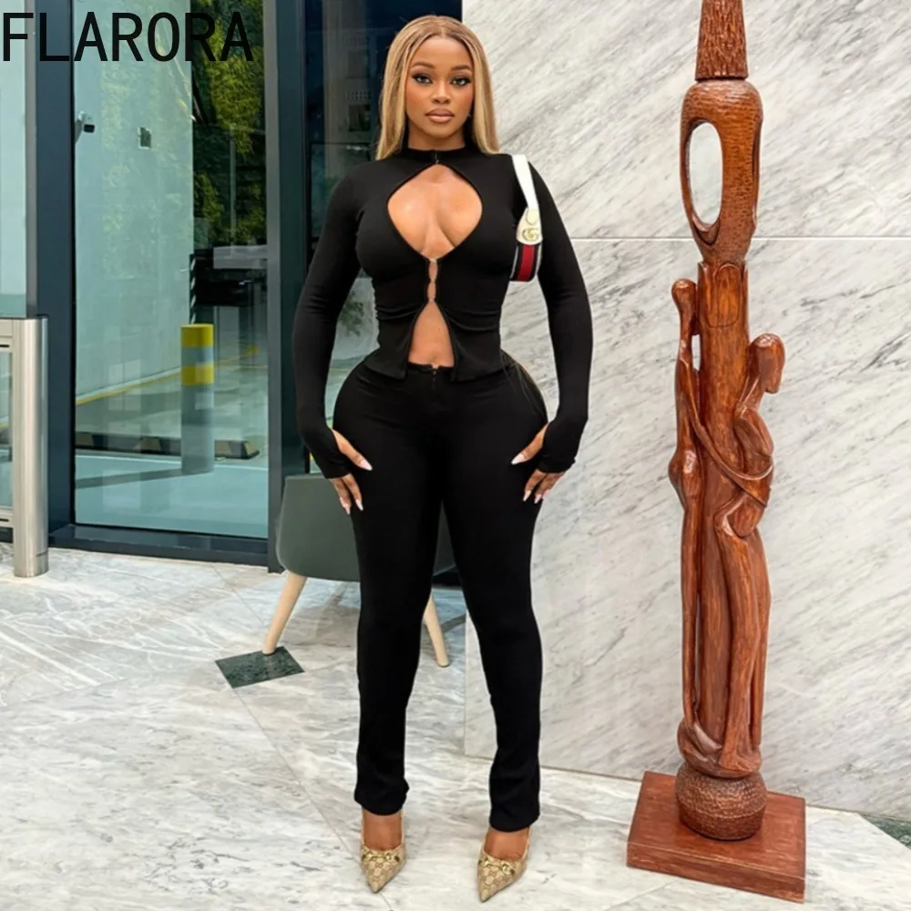 

FLARORA Sexy Hollow Out 2 Piece Set Woman Solid Color Long Sleeve Slim Fit Crop Tops And Skinny Pants Suits Trend Y2K Streetwear
