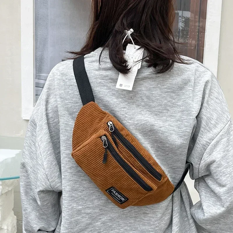 Corduroy Women\'s Waist Bag Small Canvas Ladies Casual Shoulder Crossbody Bags Fashion Fanny Pack Female Solid Color Chest Bag