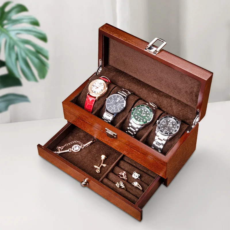 Wooden Double Layer Brown Watch Box Organizer Case Ring Necklace Bracelet Watch Jewelry Storage Box Display Multi-Function Boxes