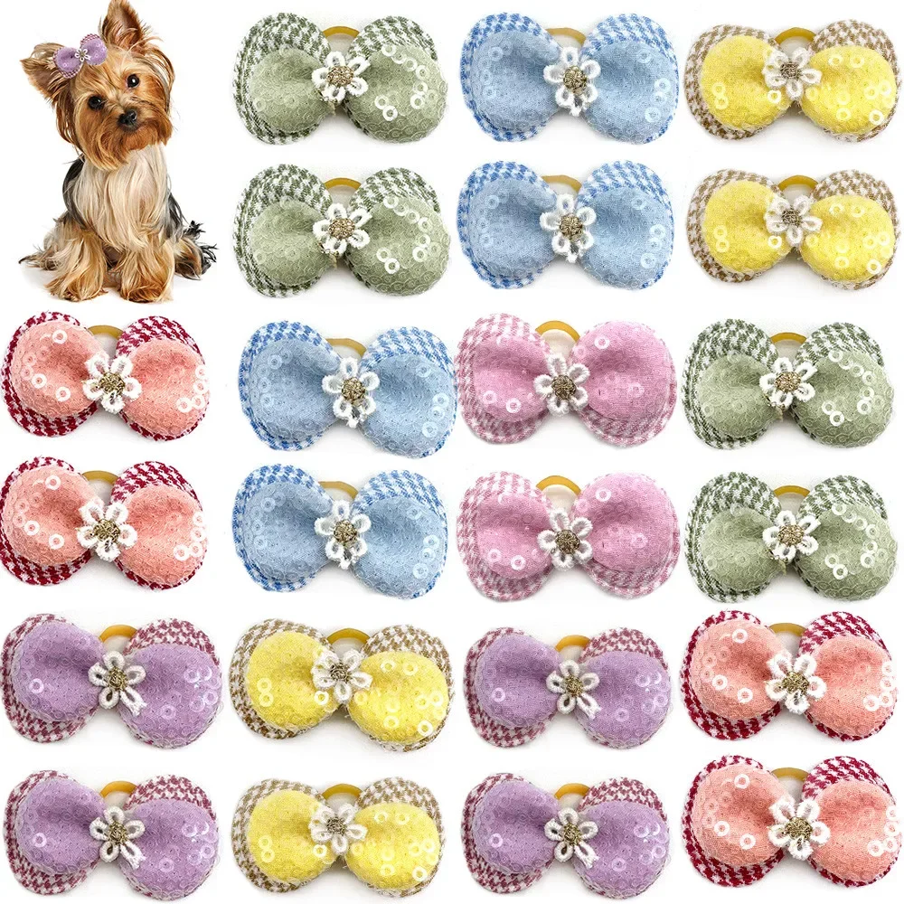 20pcs Small Dog Hair Bows Pet Dog Hair Accessories Bows Cat Bows with Rubber Bands for Small Dogs Yorkshire Hair Decorate