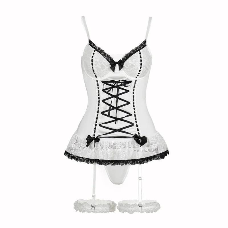 Summer Pajamas Sexy Adult Sleepwear Cute Bow Lace Women Pajama Babydoll Sexy Lingerie Backless Garter Mini Mesh Sleeping Dress