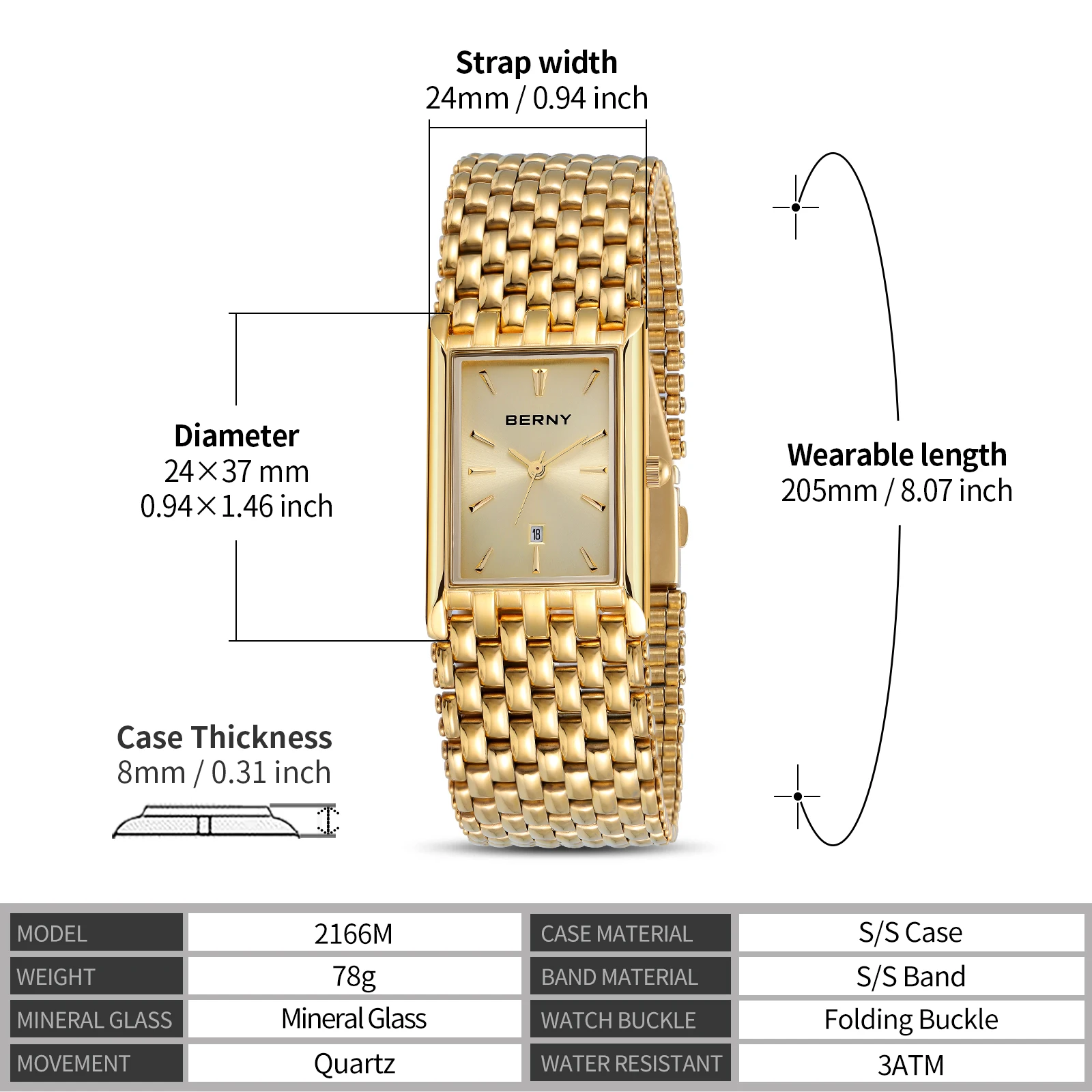 relojes para hombre reloj hombre Reloj de pulsera rectangular de lujo para Hombre, de cuarzo, de acero inoxidable, resistente al agua hasta 3ATM,