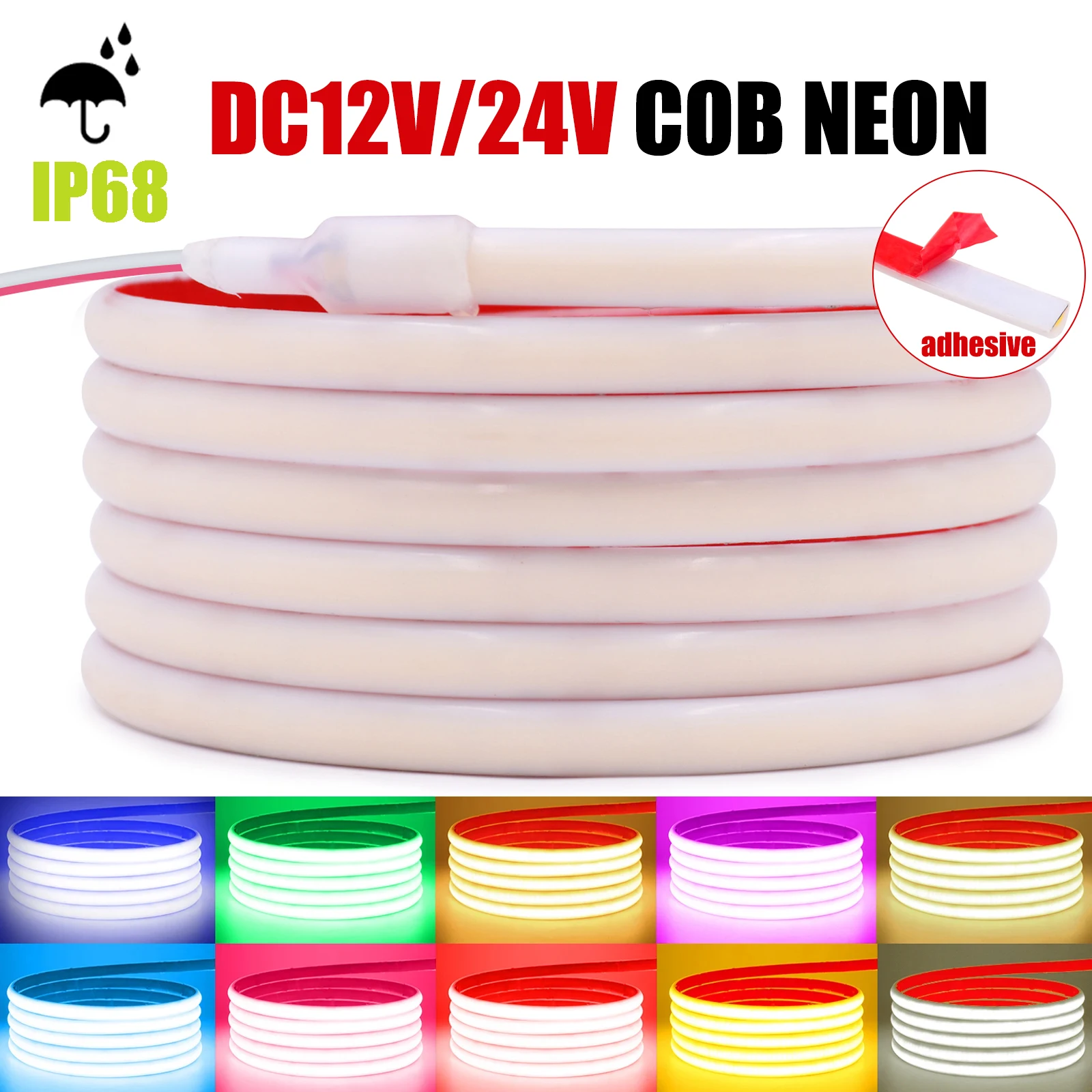 IP68 Waterproof COB Neon LED Strip Light 12V 24V 320LEDs/M Red Ice Blue Green White Pink Flexible Tape for Room Outdoor Lighting