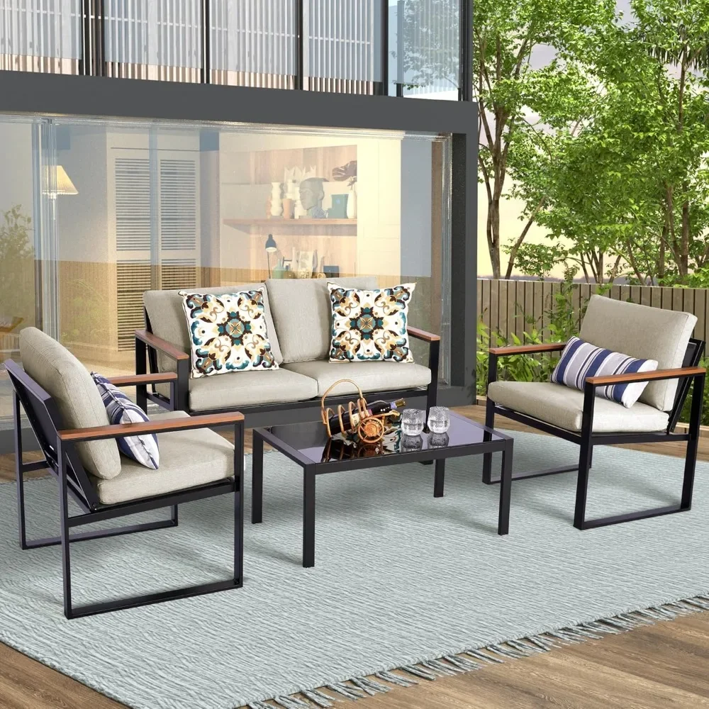

4 Piece Patio Furniture Set, Metal Outdoor Sectional Conversation Set with Wooden Anti-Scald Table