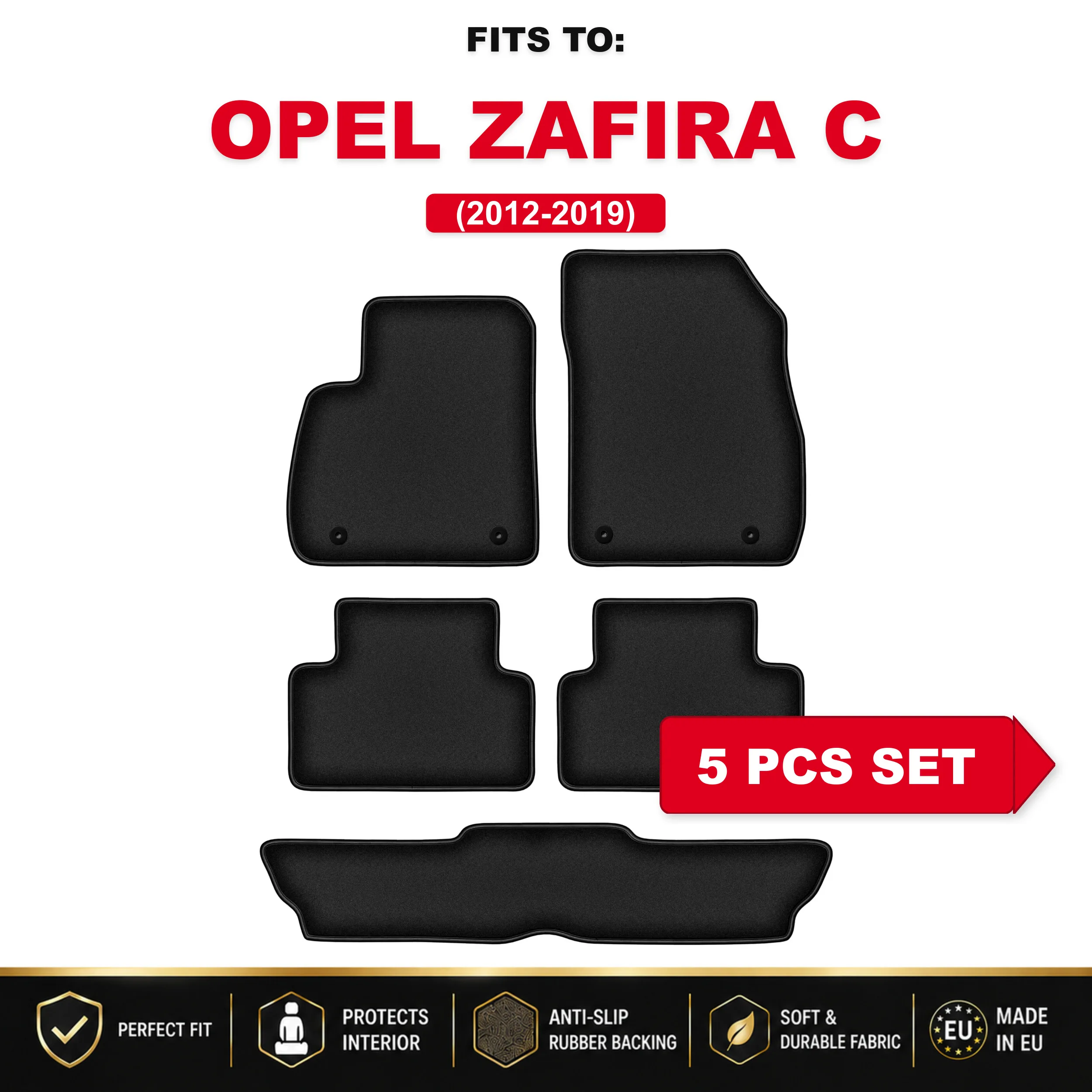 Image of Schwarze Samt-Autofußmatten, 5-teilig. Passend für: Opel Zafira C 2012–2019, passendes Autofußmatten-Set