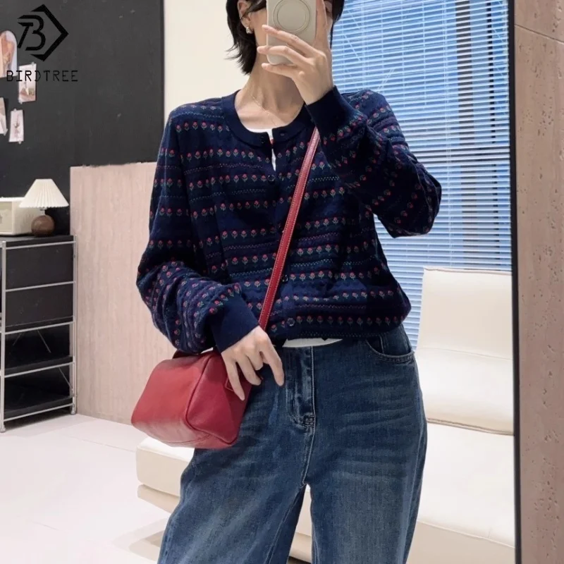 

Birdtree,9.3% Sheep Wool Fake Two-piece Sweater,Woman Flower Knitted Full Sleeve Knitwear,2025 Autumn Loose Short Smock T59004JF