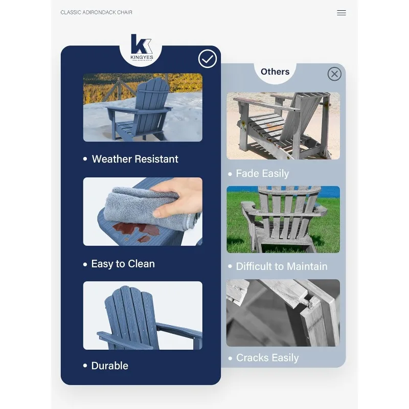 كرسي آديرونداك HDPE، كراسي آديرونداك الكلاسيكية لجميع الأحوال الجوية، كرسي آديرونداك للفناء الخارجي لحفرة نار في الحديقة، Nav
