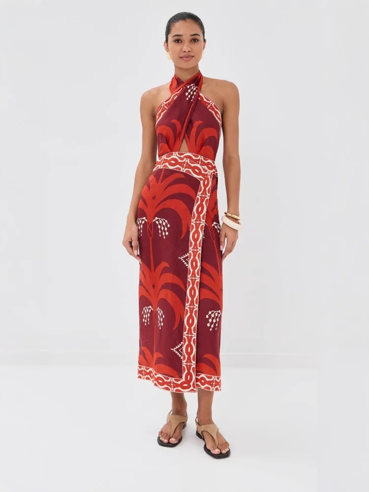 

2026 Summer Fashion New Women's Elegant Design Cross Hanging Neck Dress Beach Wind Printed Flower Dew Back Holiday Dress