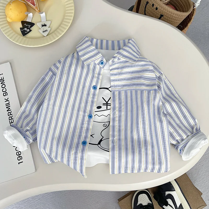 

2025 Spring Loose Striped Shirts Fashion Boys Long Sleeve Shirt Turn Down Collar Casual Thin Boys Shirt Children Clothes