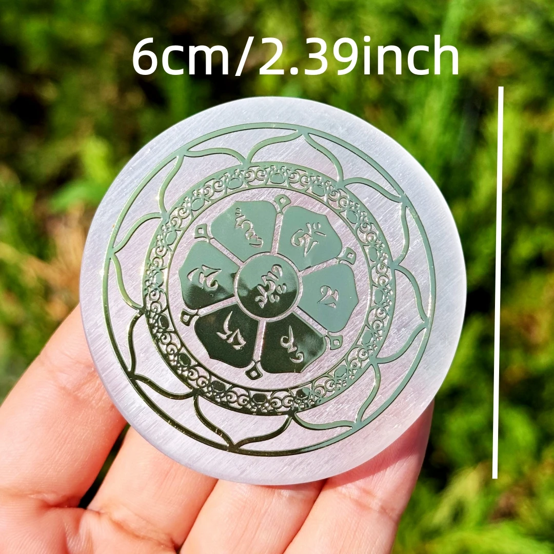 Lotus Mandala Om Mani Padme Hum Selenite Plate Natural Gypsum Crystal Charging Disc Meditation Stone Decor