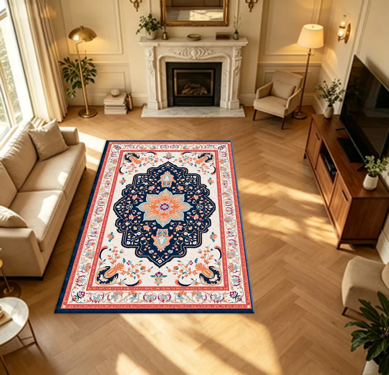 Classic Oriental Floral Medallion Bird Pattern Carpet Flooring Navy Orange Beige Vintage Ornate Border Household Decor Rug