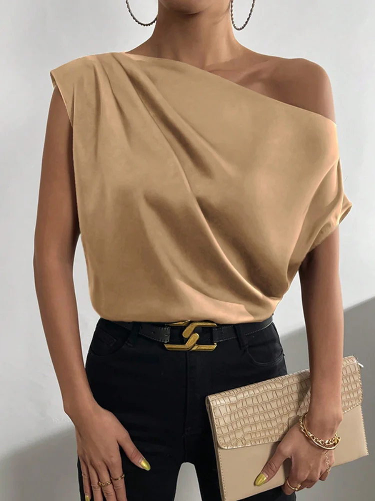 

Yeezzi Women Korean Fashion Solid Color Asymmetric T-Shirts 2024 New Summer One-Shoulder Urban Casual Office Commute Tops