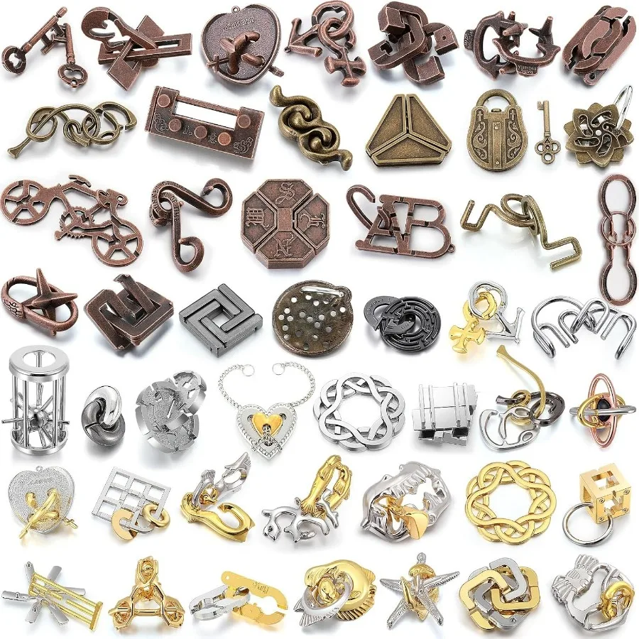 

Yilloog 48 Pcs 3D Metal Puzzles for Adults Vivid Style Hard Brain IQ Logic Test Disentanglement Puzzle Challenge with Metallic