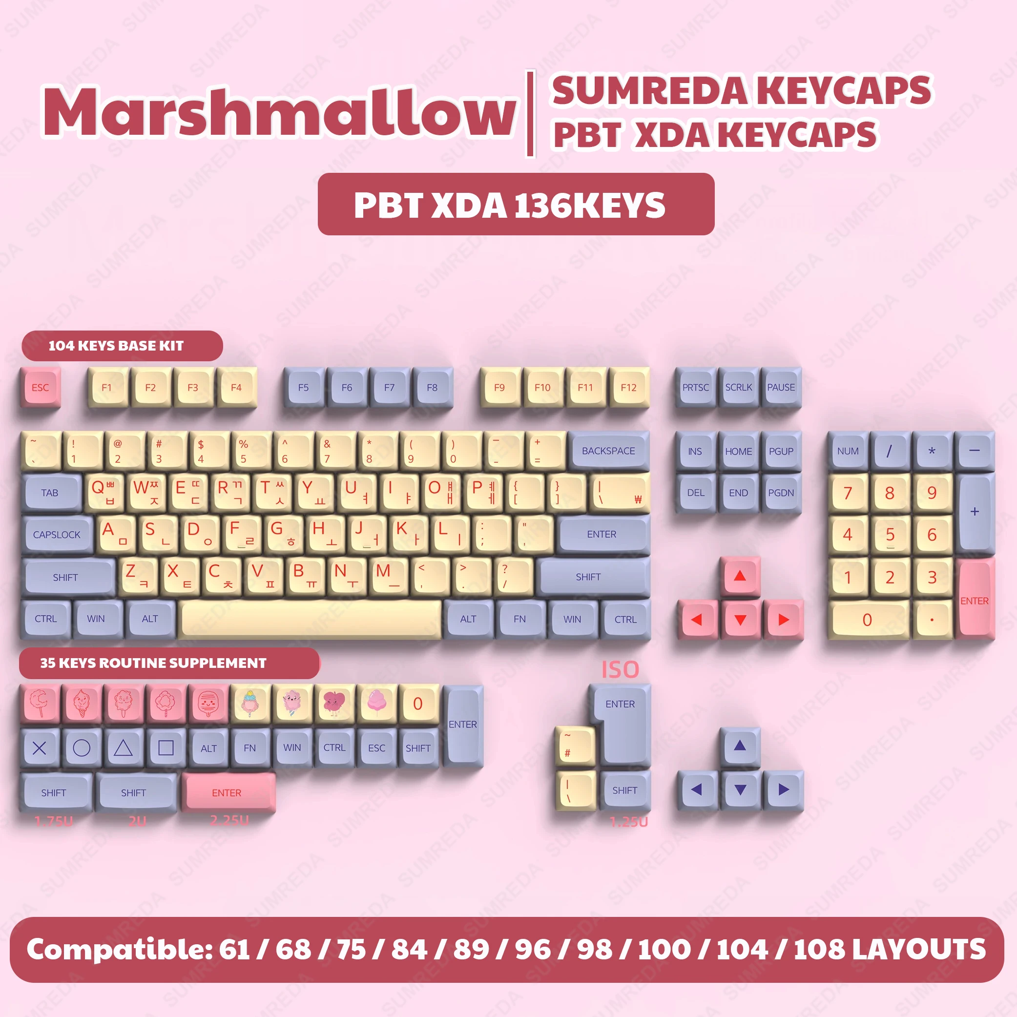 Marshmallow Sugar65 LEOBOG Hi8 Hi75 Keycaps DYE-SUB PBT XDA Profile Portuguese Korean Russian Spanish Keycaps For WOB RAINY75