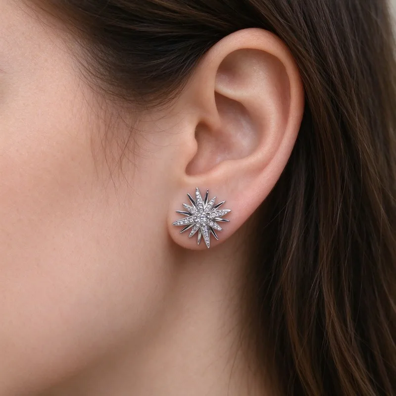 19mm Sunburst Starburst Stud Earrings forWomen, Star Flower Pave Cubic Zirconia Earrings,Silver Tone Alloy Shining Design, RadiantSparkling Stones, Secure Butterfly Backing,Celestial Style Jewelry Gift for Her, Daily WearParty Festival Night, Trendy