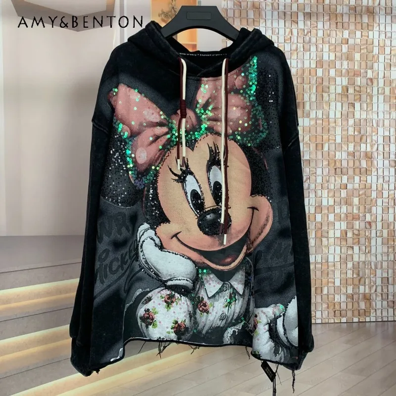 

2026 Spring New Trendy Brand Autumn New Heavy Beaded AB Face Cartoon Youthful Hoodies Fashionable Loose Hooded Sweatshirt Female