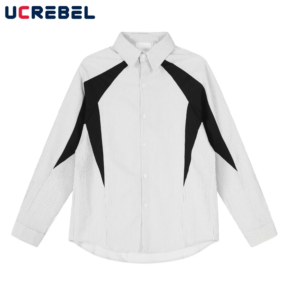 

Patchwork Striped Shirts Mens Autumn High Street Single Breasted Lapel Long Sleeve Loose Shirts Man