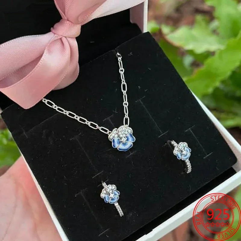 Romantic 925 Sterling Silver Pavé Gemstones Blue Pansy Flower Earring Pendant Necklace Girls Jewelry Necklace Gift