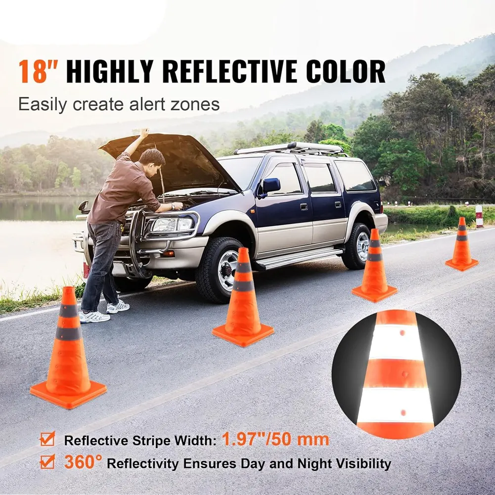 Safetys Cones, 4 Pack 18 Inch Fold Traffic Cones, Construction Cones with Reflective Collars, & Storage Bag ST