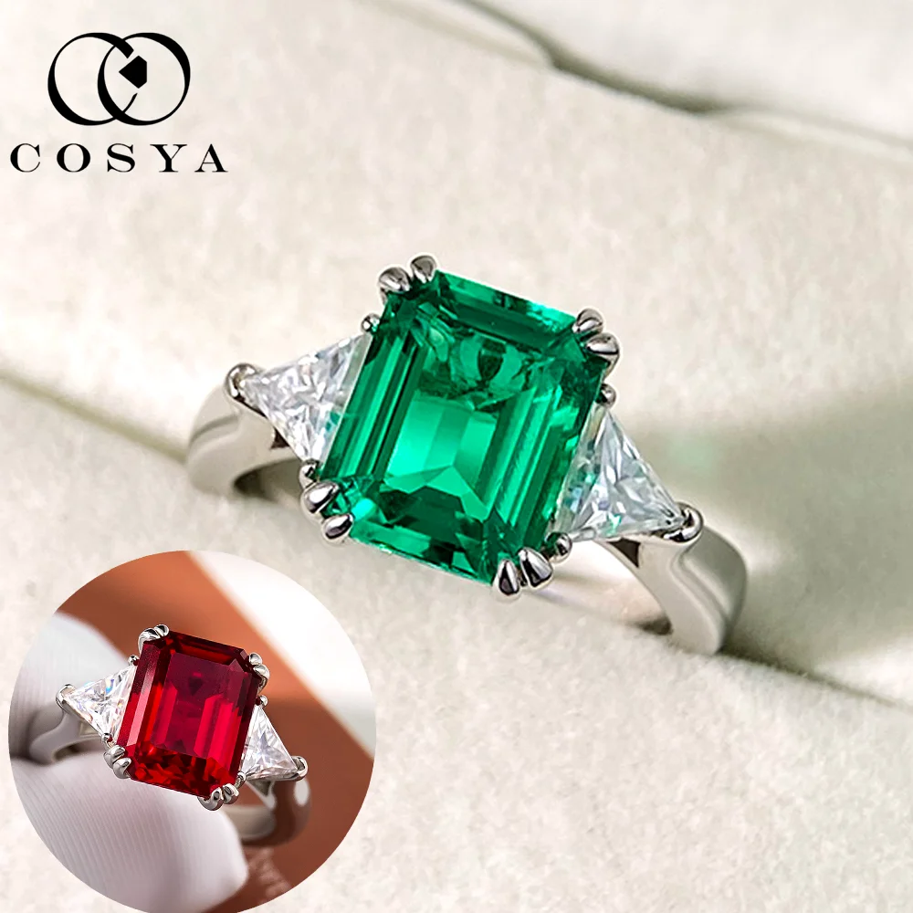 

COSYA 4CT 8*10MM Lab Grown Colombian/Zambian Emerald Ring S925 Silver Moissanite Wedding Band For Women Party Fine Jewelry