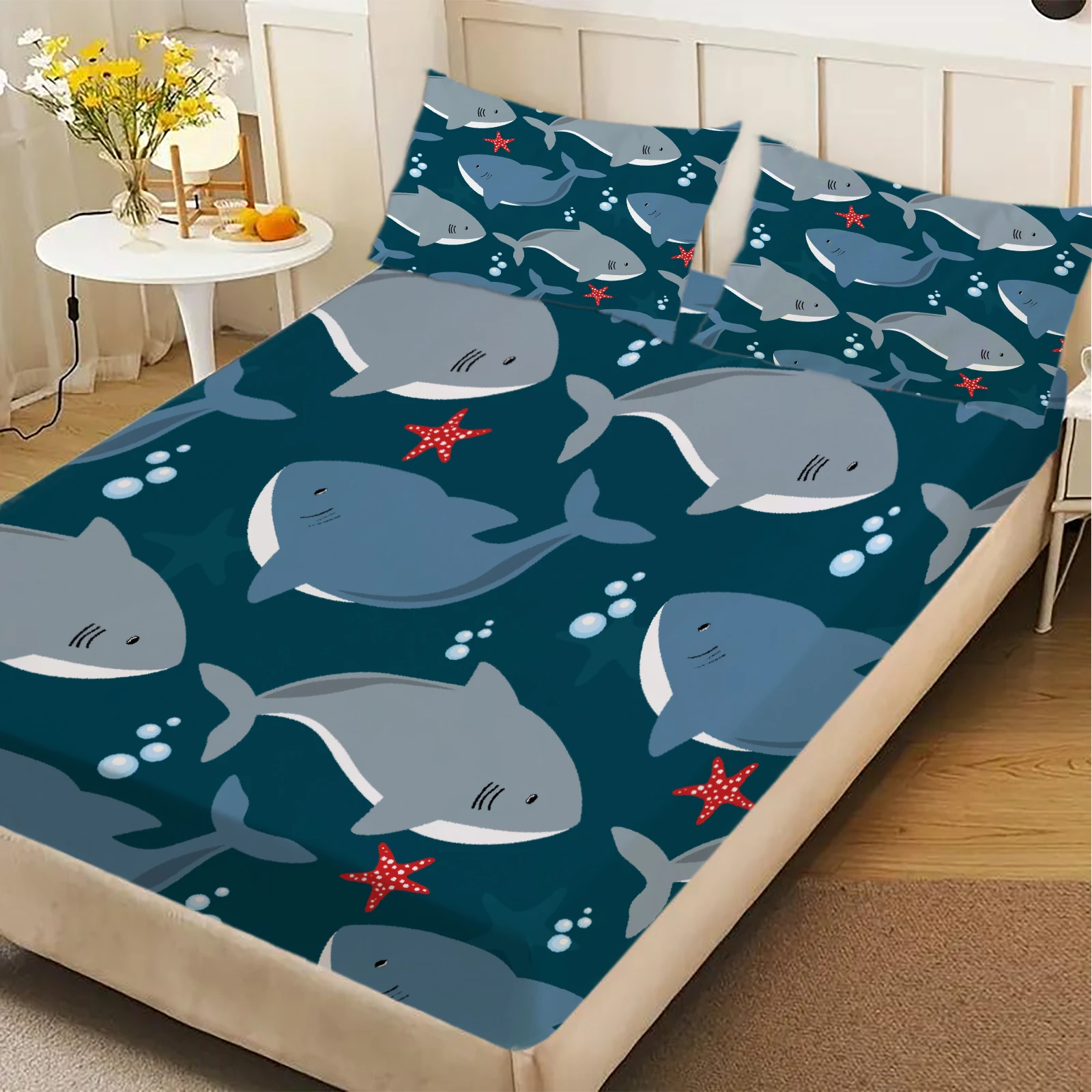 3pcs Fitted Sheet Set Sharks Starfish Bubbles Ocean Blue Wrinkle Resistant Bed Sheet With Pillowcases For Bedroom Decor
