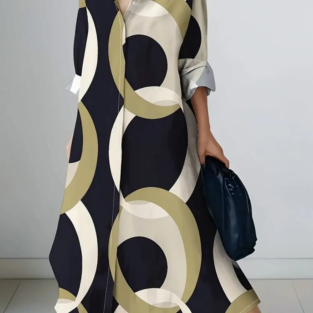 Women Casual A Line Dress V Neck Long Sleeve Floral Print Loose Plus Size Spring Elegant Comfortable Fashion Party Midi Vestidos