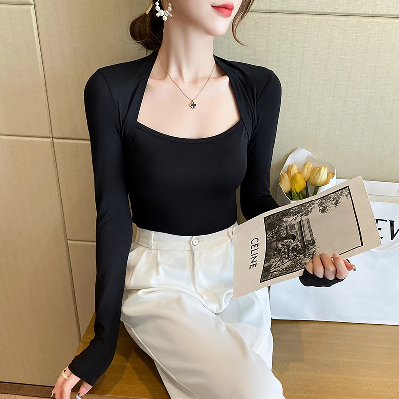 

Modal Retro Square Neck Tops Women T-Shirt Shoulder Wrap Temperament Slim Collarbone Tight Inner Bottom Shirt Sexy Simple