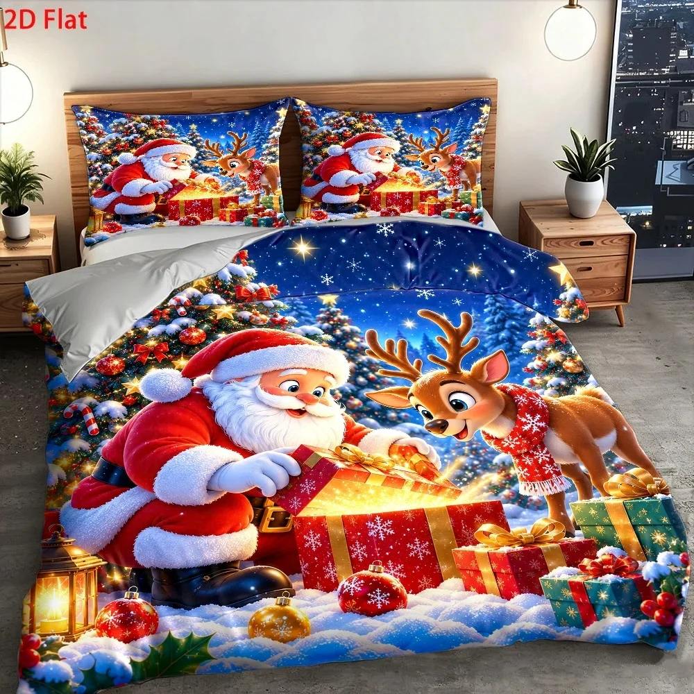 Christmas Duvet Cover Set Santa Claus and Reindeer, Dreamy Fairy Tale Style, Christmas Ultra Soft Brushed Bedding for Bedroom Hotel Dormitory