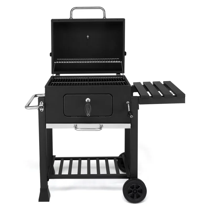 Ceramic charcoal oven with collapsible side table and wheels for outdoor grilling