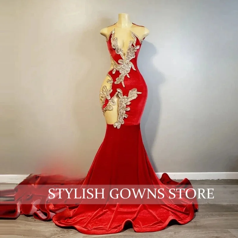 See Thru Velour Mermaid Evening Dresses Hollow-out Appliques Velvet Prom Gowns Real Image Floral Long Formal Party Dress