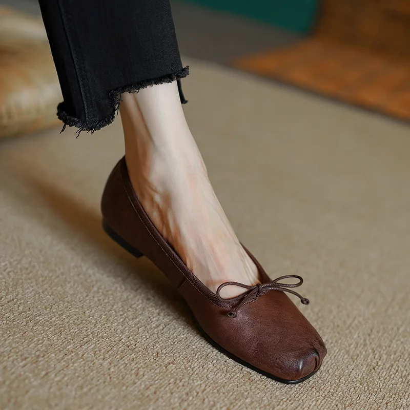 Ballet Flats With Bowtie Square Toe Low Heel Basic Flats Spring  Shoes Woman Retro Soft Horsehide Loafers Slip On Ladies Shoes
