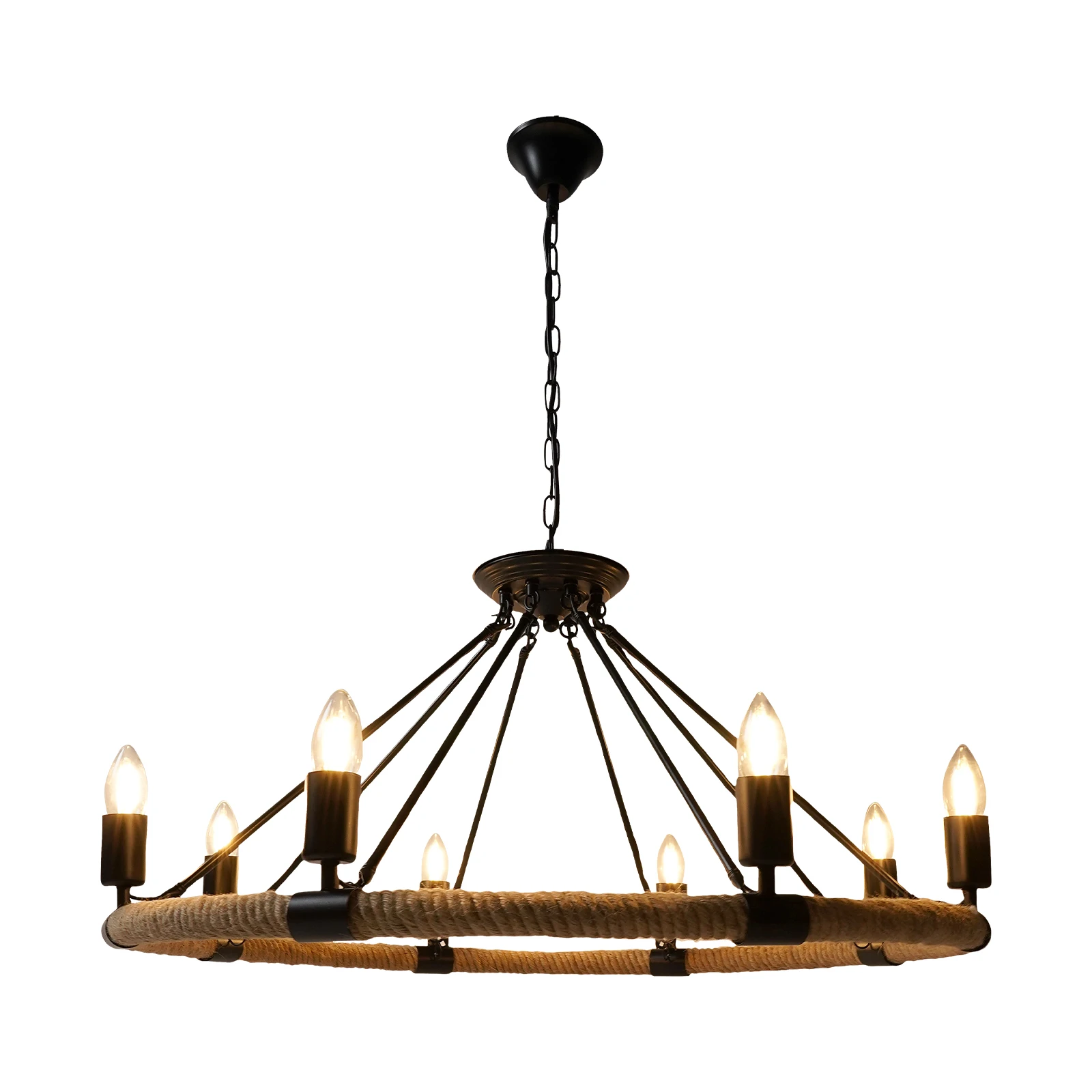 Pendant Lights with Twine-Wrapped Iron Frame, Adjustable Height (39.4in), 8 Light Sources (Not Included), Industrial Rustic