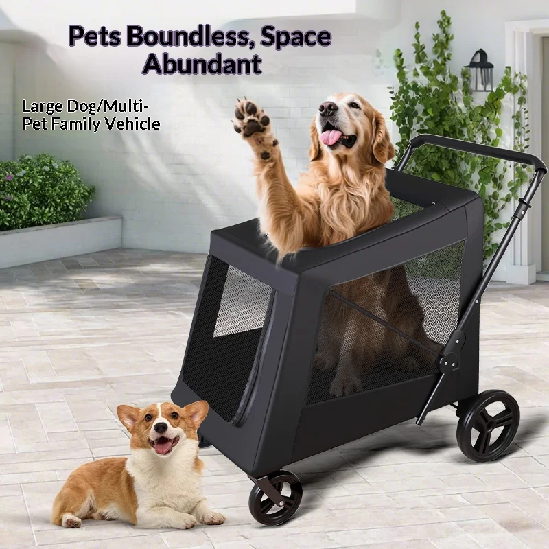 Multi-functional Metal Pet Stroller for Medium Large Dogs; Large Portable Foldable Dog Cart Outdoor Travel