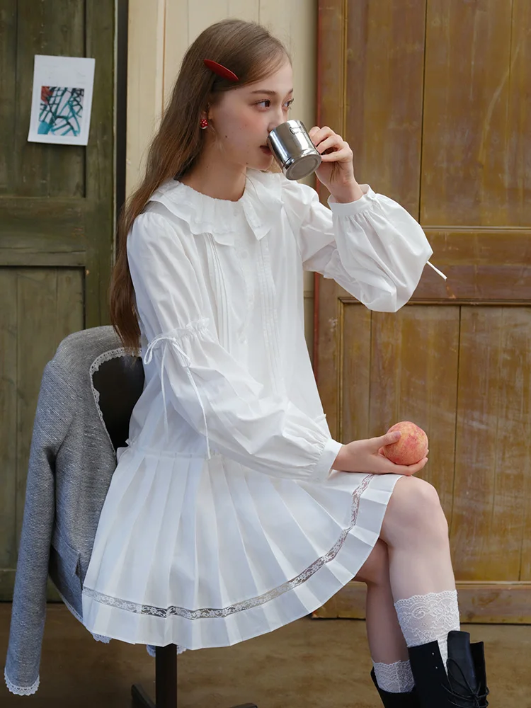 

Белое кружевное платье с воротником-стойкой, свободными рукавами-фонариками, пэчворк, плиссированная юбка, женское, осеннее, для работы, винтажное, А-силуэт