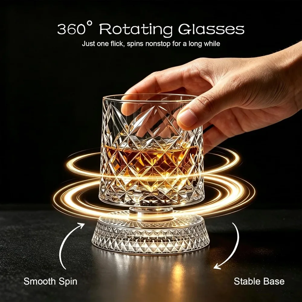Whiskey Wine Glass Set of 2pcs with Glass Base 360 Rotate Degrees Crystal Rum Glass for Cocktail Party Drinking Gift