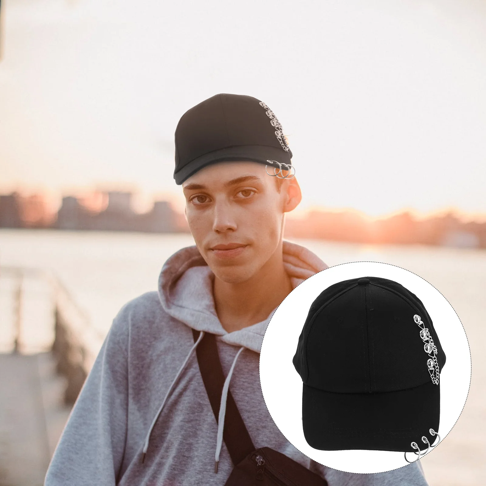 

1Pcs Chain Design Baseball Cap Adjustable Black 55-59cm Summer Peaked Sun Hat Outdoor Fashion Adult Casual Cap