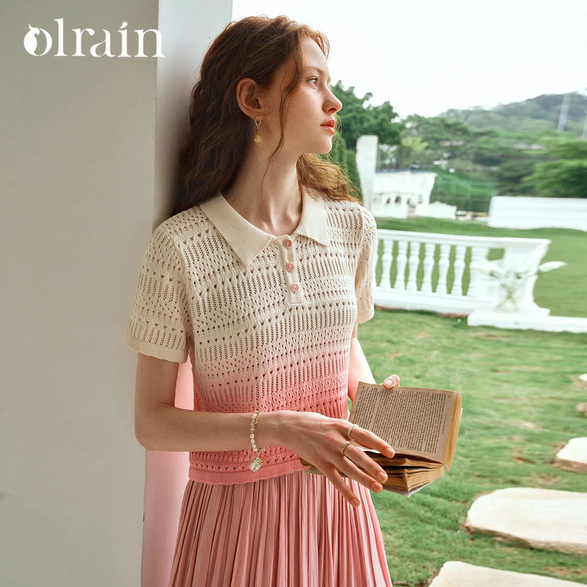 

OLrain Women Pullovers 2025 Summer Pink POLO Neck Knitted Sweaters American Retro Gradual Change Short Sleeves Jumper O24XZ92191