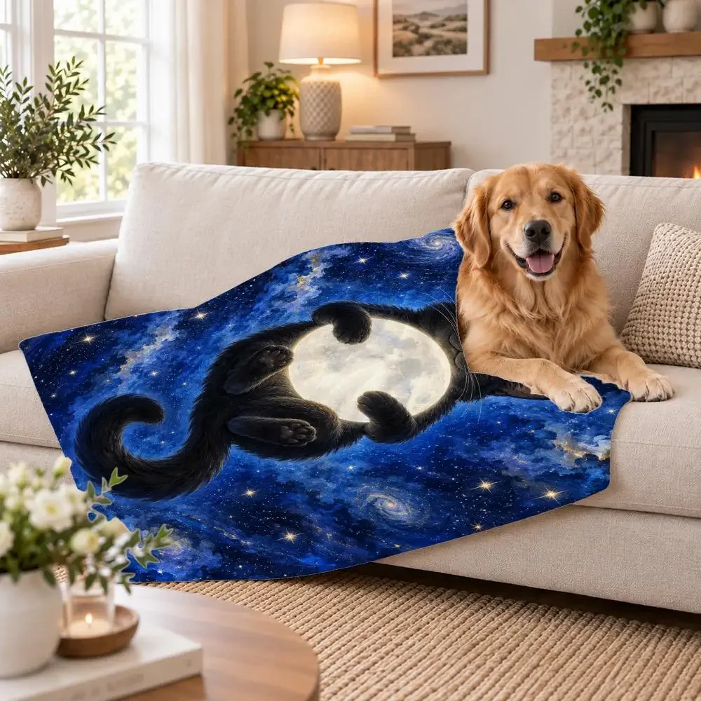 Horror Graphic Black Cat and Moon Throw Soft Plush Flannel Pet Blanket, Home Decor Cover for Sofa, Bed, Trip & Picnic