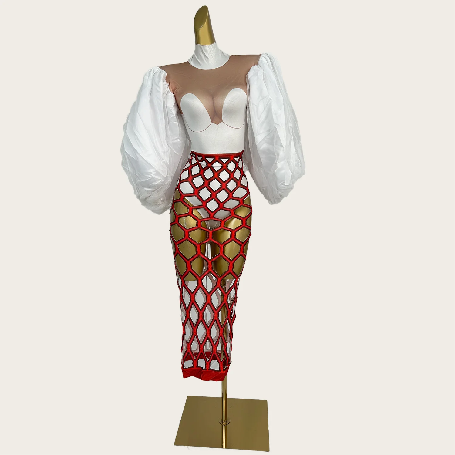 

Spicy Girl Fancy Outfit Spandex Elastic High Cut Thong One Piece Leotard for Party Drag Queen Performer Wear Big Long Sleeves