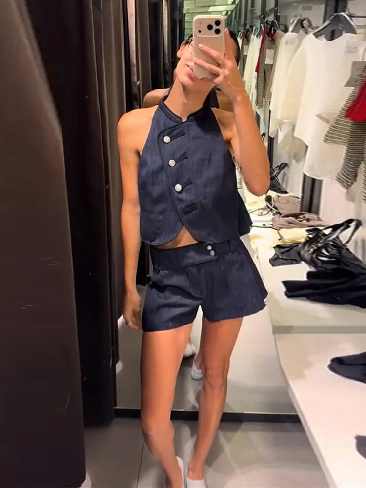 Neue sexy Damen-Partykleidung: Crop-Top mit seitlicher Knopfleiste, ärmellose Neckholder-Weste und Low-Waist-Shorts im Streetwear-Stil – Detail 22