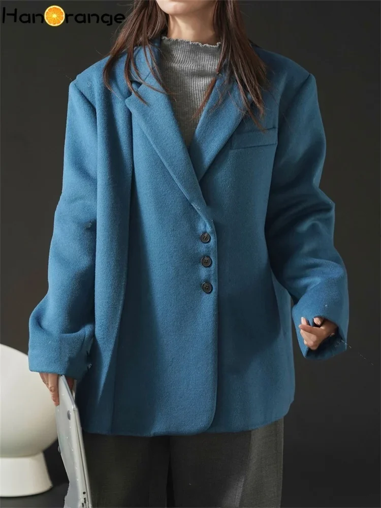 HanOrange 2024 Winter Commuter Woolen Suit Coat Women Loose Warm Casual Wool Blazer Lake Blue/Coffee