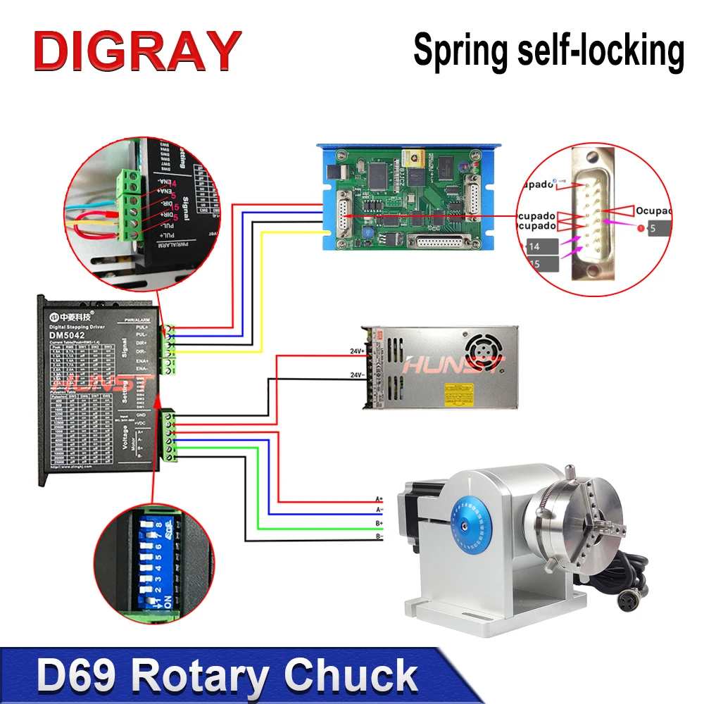 DIGRAY Laser Marking Ring Rotary Parts With Driver Worktable Diameter 3-91mm Laser Engrave D69 Rotary Attachment