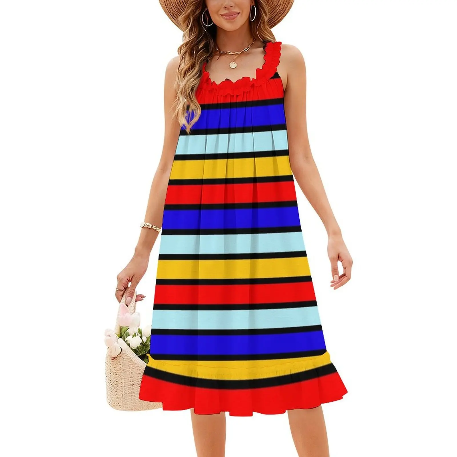 فستان قصير بخطوط صفراء متباينة باللونين الأحمر والأزرق على طراز Preppy للنساء على شكل حرف a فستان يوم كاجوال فضفاض أحمر أزرق أصفر #4