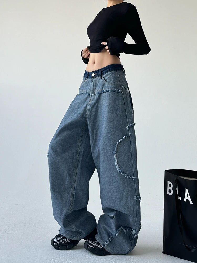 가을 겨울 하이 스트리트 유니크 웨이드 디자인 센세이션 프레이드 헴 데님 진 여성용 루즈 와이드 레그 패치워크 롱 트라우저...