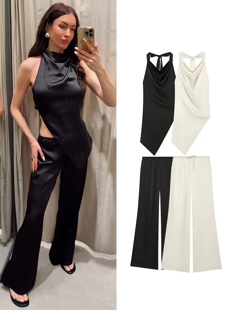 TFMLN Chic Women Long Trouser Suit Backless Lace Up Halter Asymmetrical Top Wide Leg Pants 2026 Summer Sexy 2 Piece Sets