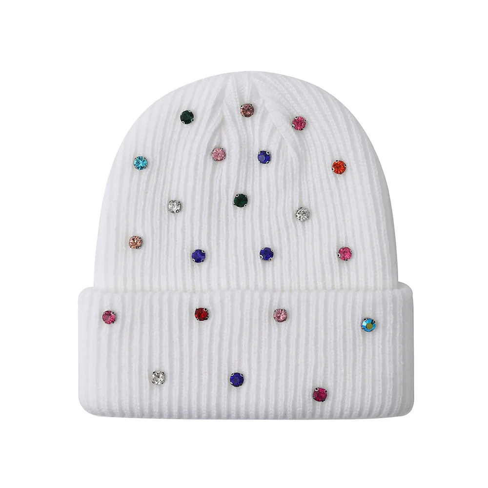 Rhinestone Fuzzy Knitted Beanie for Women Warm Windproof Pullover Winter Hat Soft Fashion Cap Accessory
